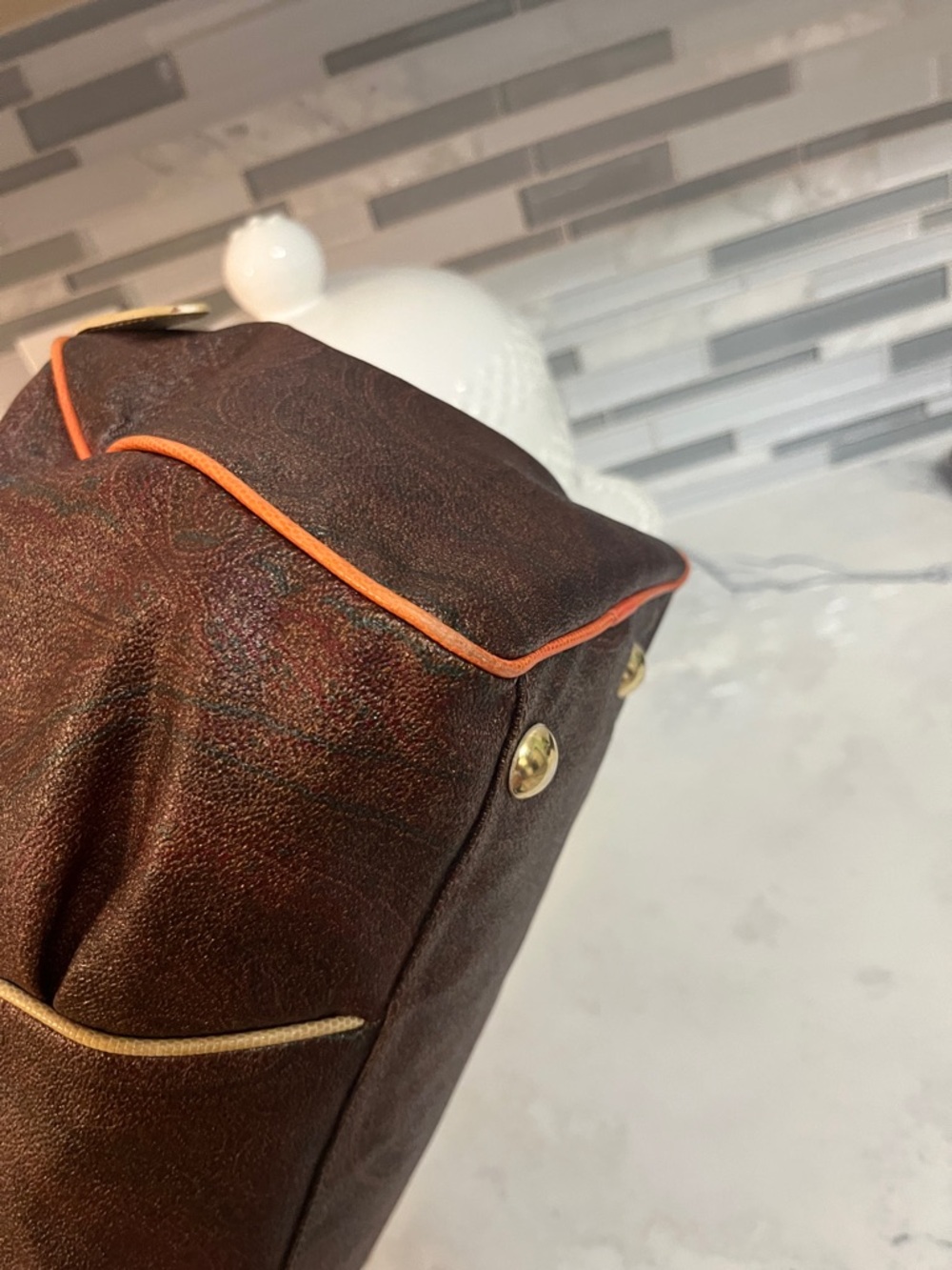 Etro Brown Leather Satchel with Tan Handles and Orange Trim - Picture 4 of 6